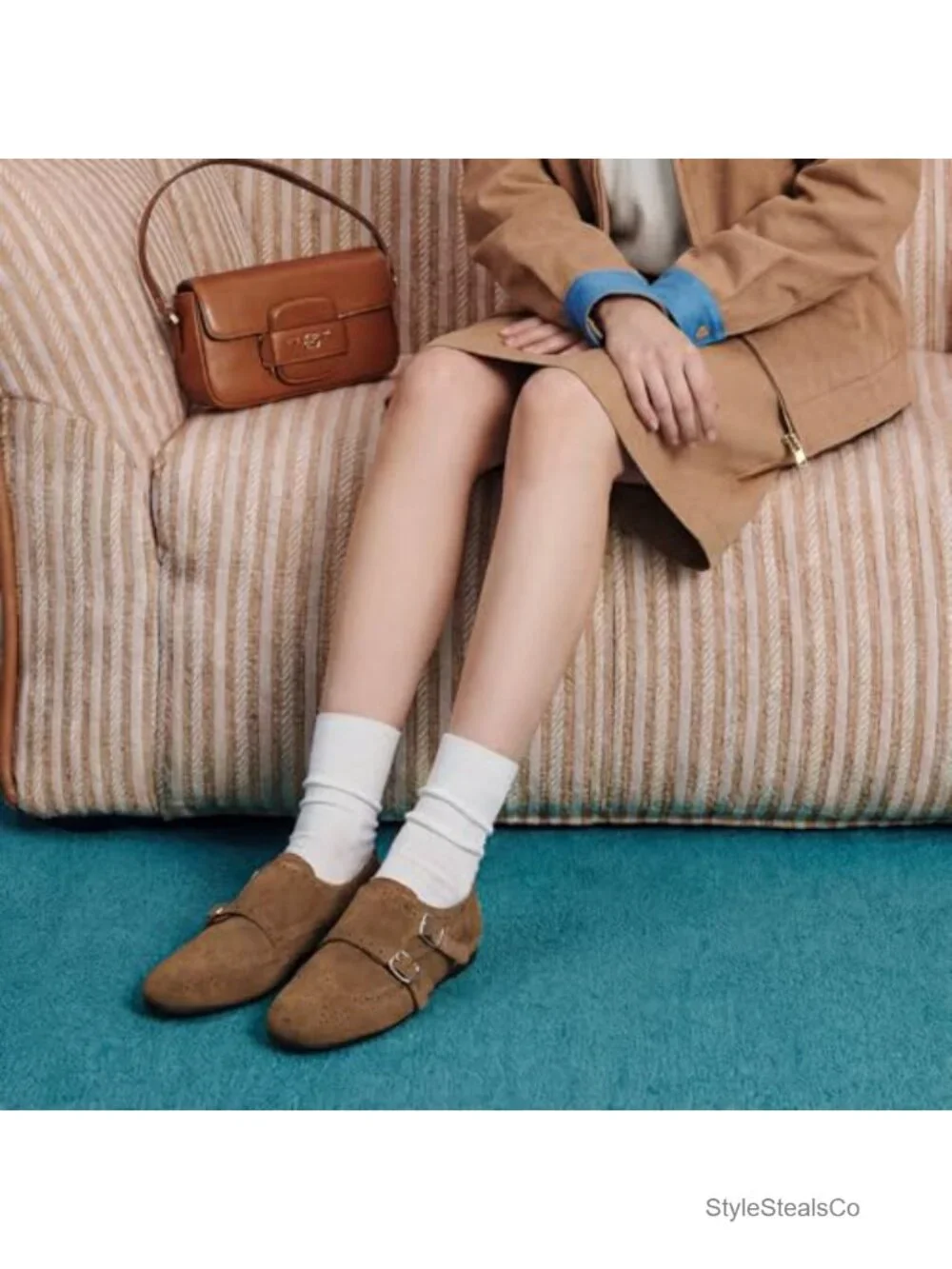 Women's Suede Double Monk Strap Loafers Square Toe Brogue Sheepskin Lining